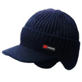 New winter mens hat in dark blue with ear protection and a windproof visor for outdoor activities.