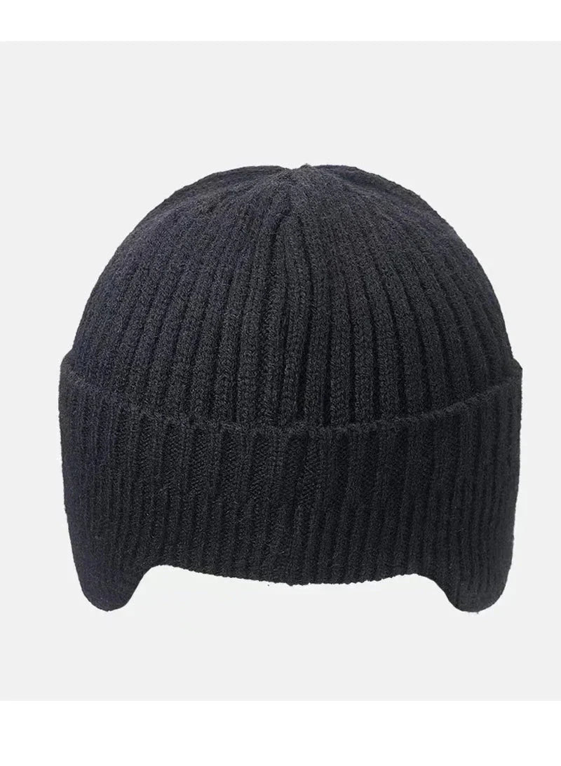 New winter mens hat black knitted cap with ear protection and windproof visor for outdoor activities.