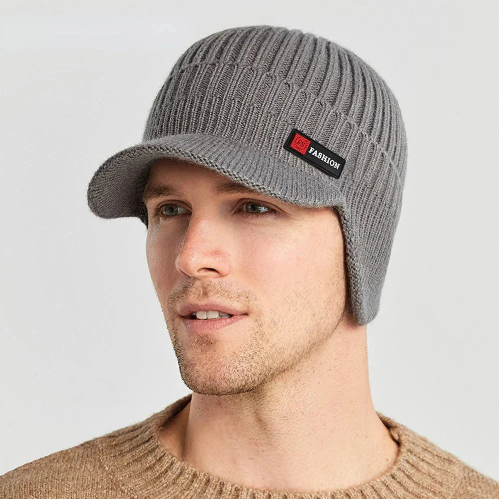 New winter mens hat for men, warm knitted cap with ear protection and windproof visor, perfect for outdoor activities.