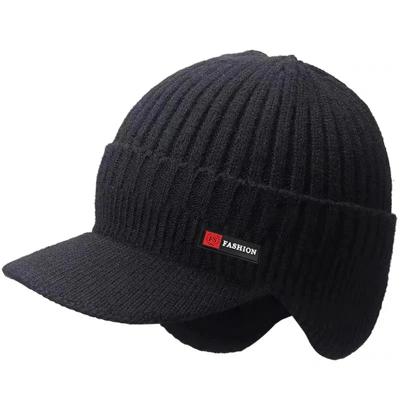 New winter mens hat – black knitted cap with ear protection and windproof visor, perfect for outdoor activities.