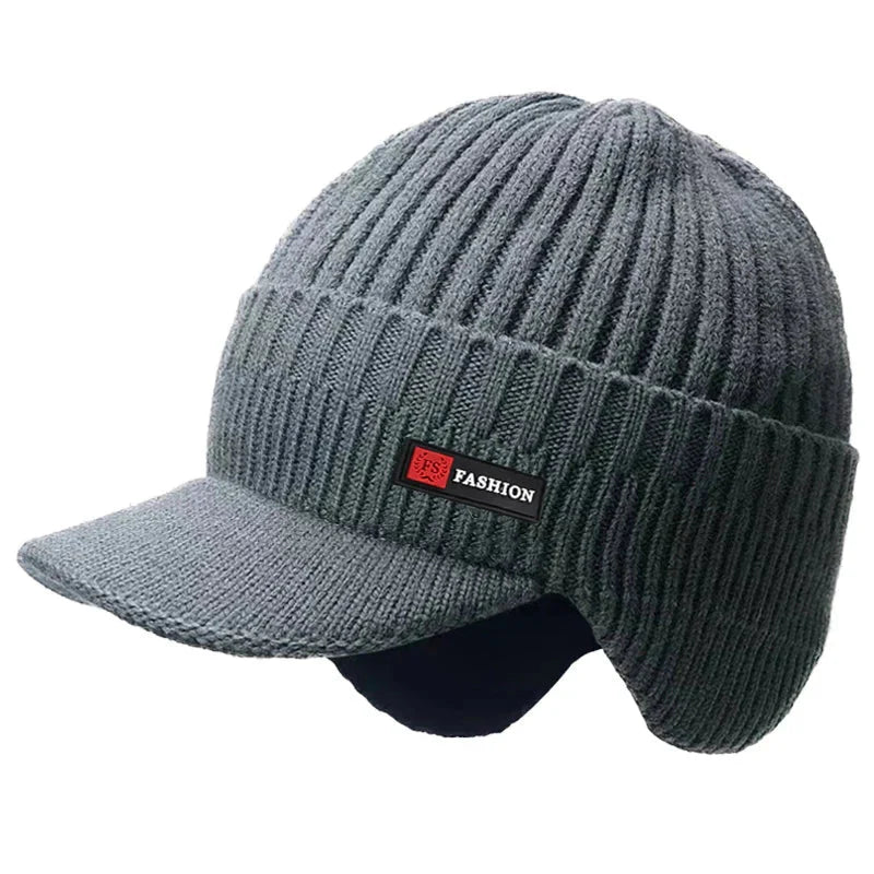 New winter mens hat grey knitted cap with ear protection and windproof visor for outdoor activities.